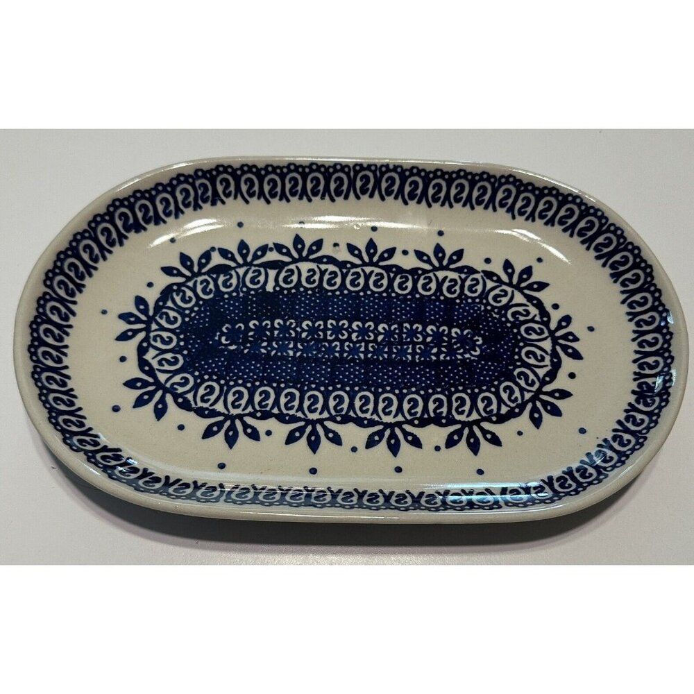 Boleslawiec Polish Pottery Oval Plate Dots Flower Staging Blue Trinket Poland